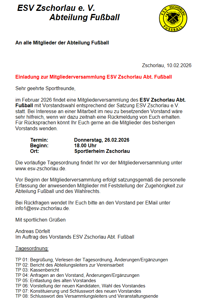 26.02.2026 Mitgliederversammlung und Vorstandswahl